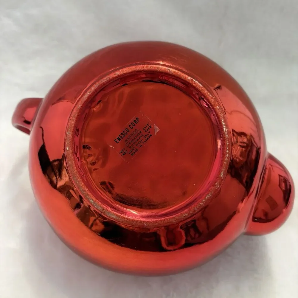 Enesco Vintage Teapot With Cherry Red Mirror Glaze Perfect For Christmas